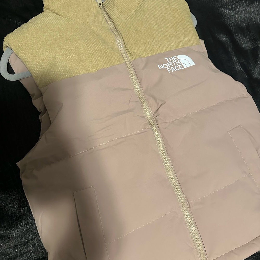 The North Face Pink Puffer Vest with Yellow Knit Yoke